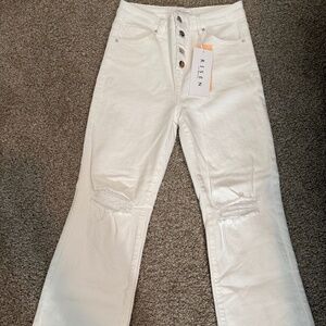 Risen High Rise Button Fly Straight Ankle Jeans - White